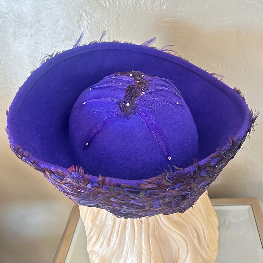 COLLECTIBLE JACK MCCONNEL PURPLE FELT/FEATHERS WIDE BRIM HAT - Picture 6 of 16